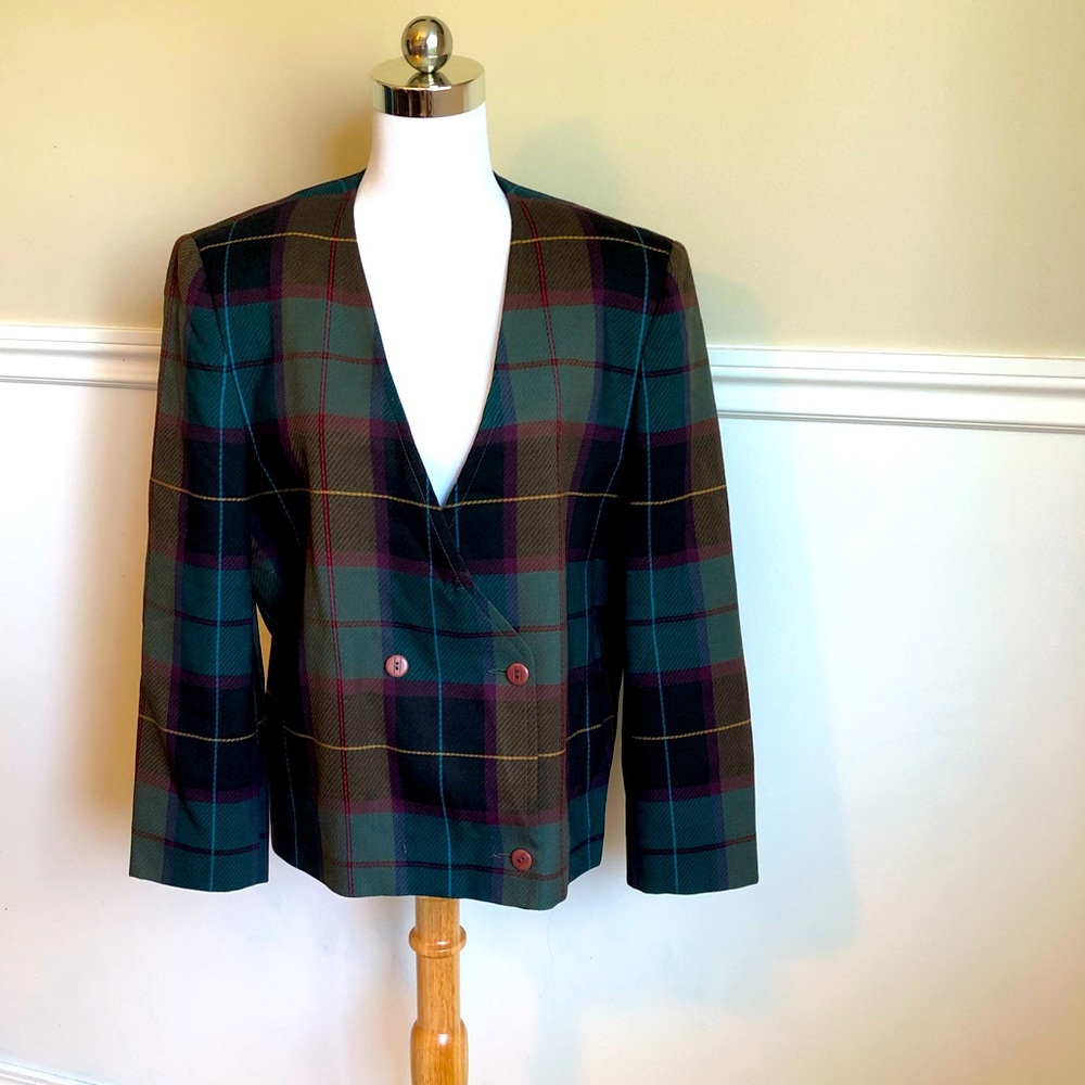 VTG Collection 107 Women’s Pure Virgin Wool Size 8 Plaid Pattered Button Blazer